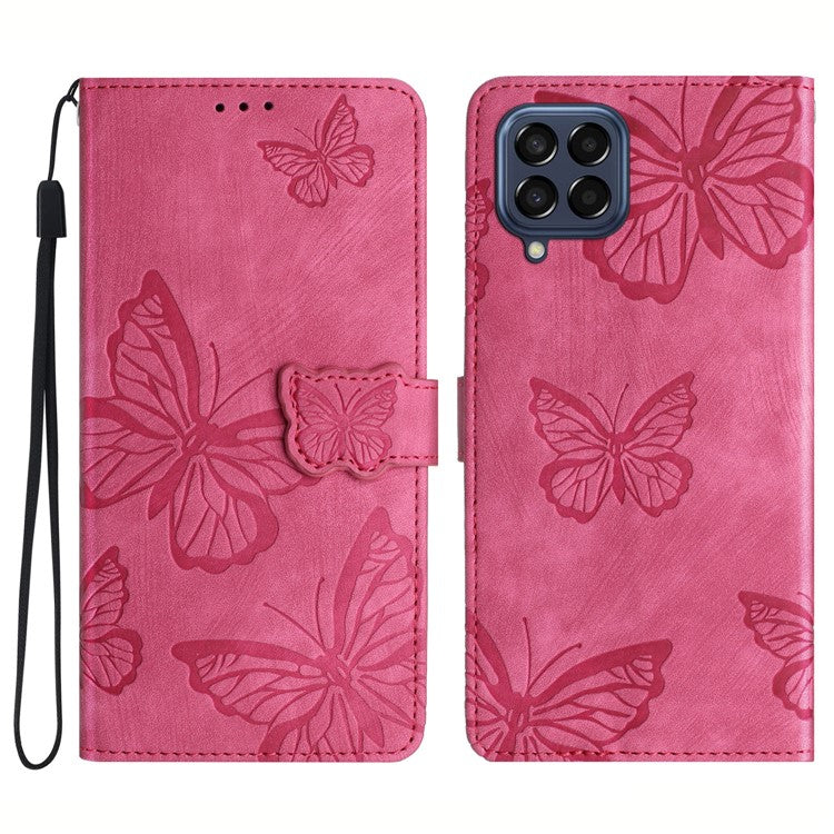 For Samsung Galaxy M53 5G Stand Case, PU Leather Wallet Butterfly Imprinted Skin-touch Phone Cover - Rose