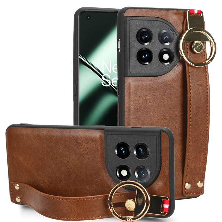 Wristband Kickstand Phone Cover for OnePlus 11 5G , Leather Coated PC+TPU Case with Neck Strap - Brown