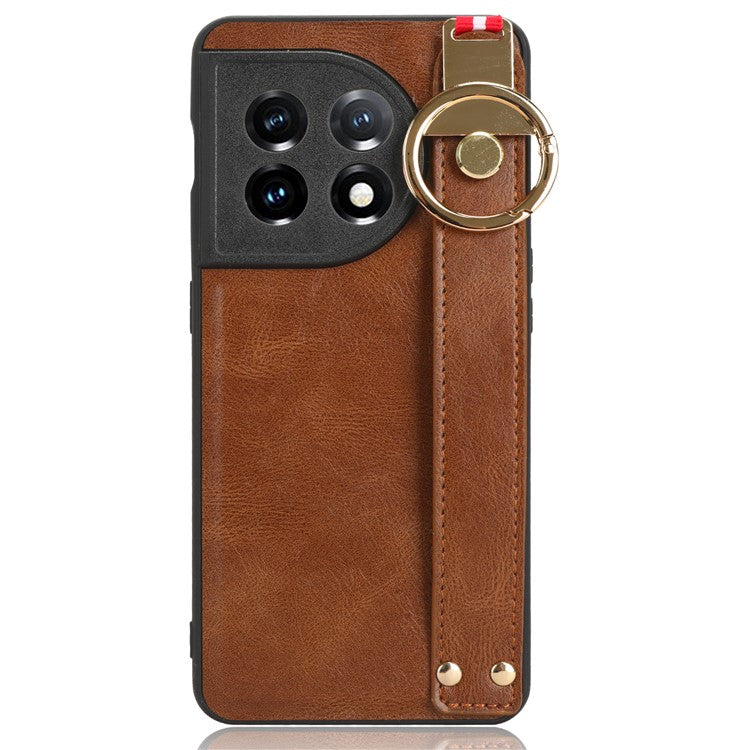 Wristband Kickstand Phone Cover for OnePlus 11 5G , Leather Coated PC+TPU Case with Neck Strap - Brown