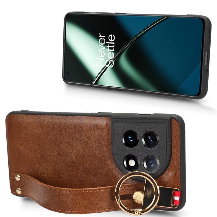 Wristband Kickstand Phone Cover for OnePlus 11 5G , Leather Coated PC+TPU Case with Neck Strap - Brown