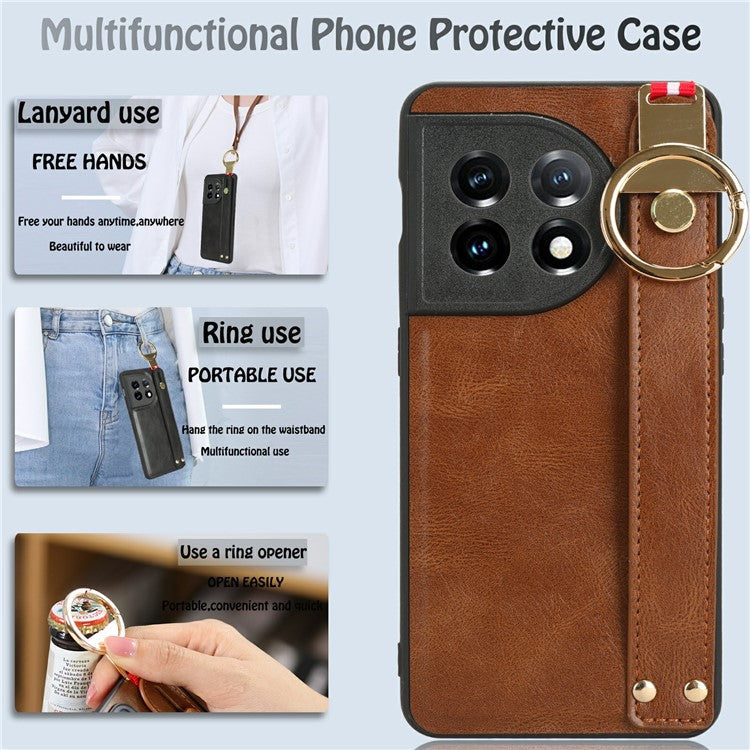 Wristband Kickstand Phone Cover for OnePlus 11 5G , Leather Coated PC+TPU Case with Neck Strap - Brown
