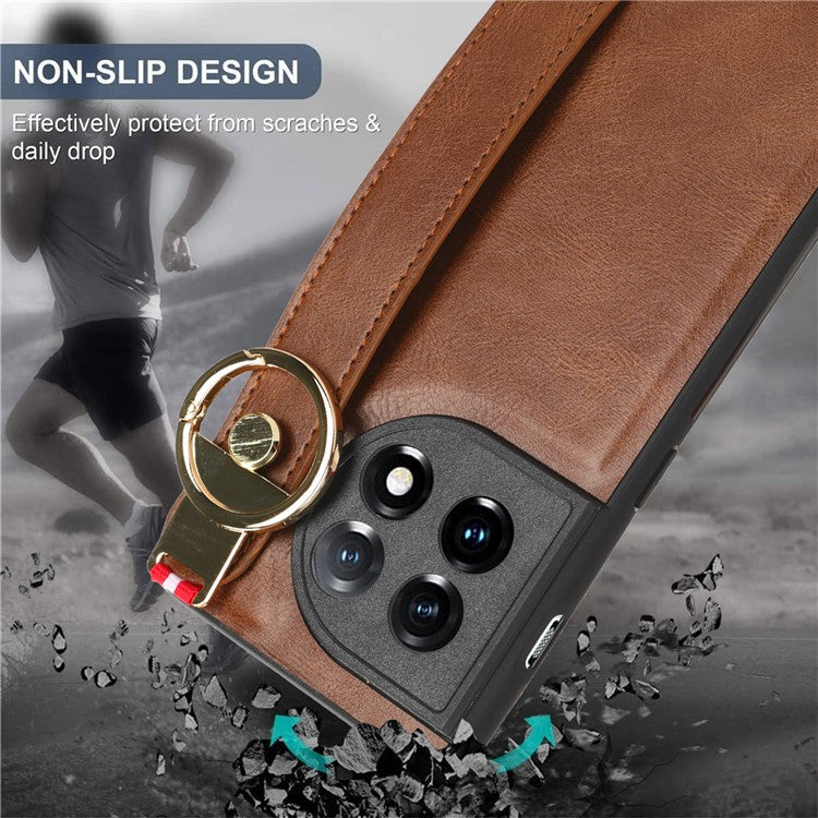 Wristband Kickstand Phone Cover for OnePlus 11 5G , Leather Coated PC+TPU Case with Neck Strap - Brown
