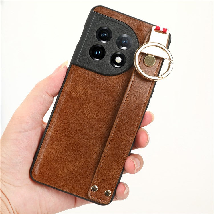 Wristband Kickstand Phone Cover for OnePlus 11 5G , Leather Coated PC+TPU Case with Neck Strap - Brown