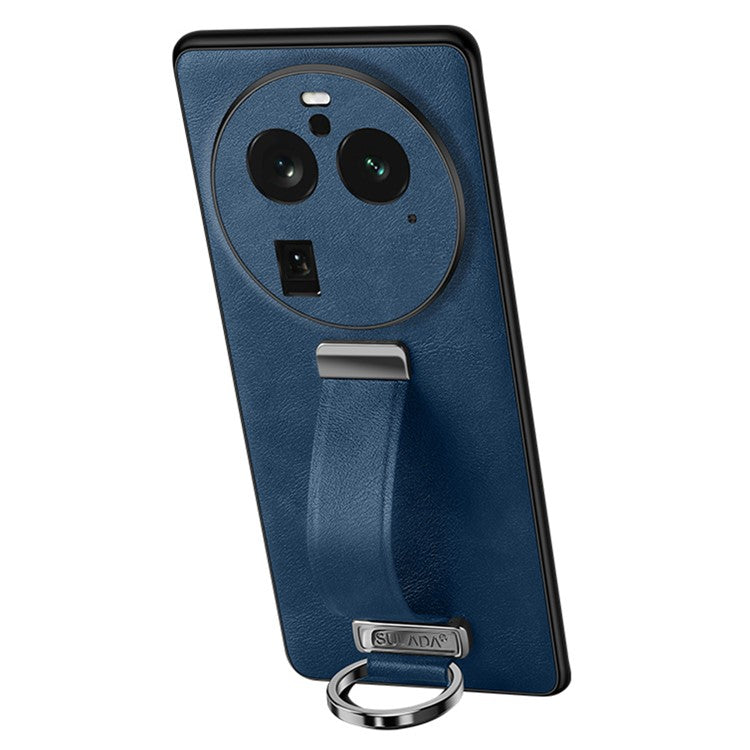 SULADA Fashion Series for Oppo Find X6 Pro Leather Coated PC + TPU Anti-drop Cover Hand Strap Kickstand Crazy Horse Texture Phone Case - Blue