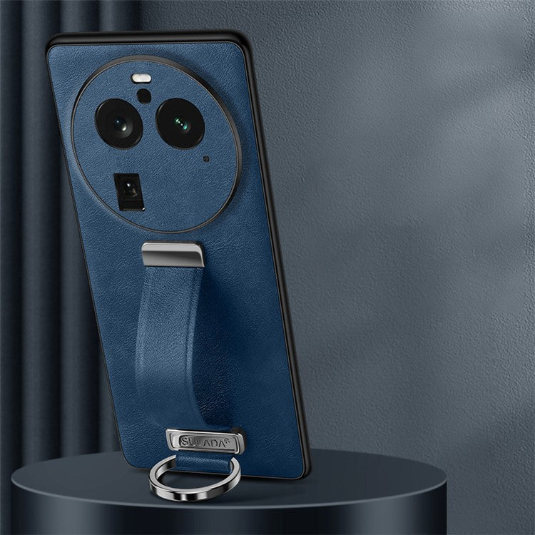 SULADA Fashion Series for Oppo Find X6 Pro Leather Coated PC + TPU Anti-drop Cover Hand Strap Kickstand Crazy Horse Texture Phone Case - Blue