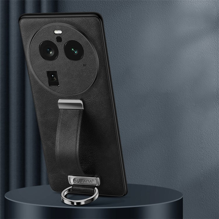 SULADA Fashion Series for Oppo Find X6 Pro Leather Coated PC + TPU Anti-drop Cover Hand Strap Kickstand Crazy Horse Texture Phone Case - Black