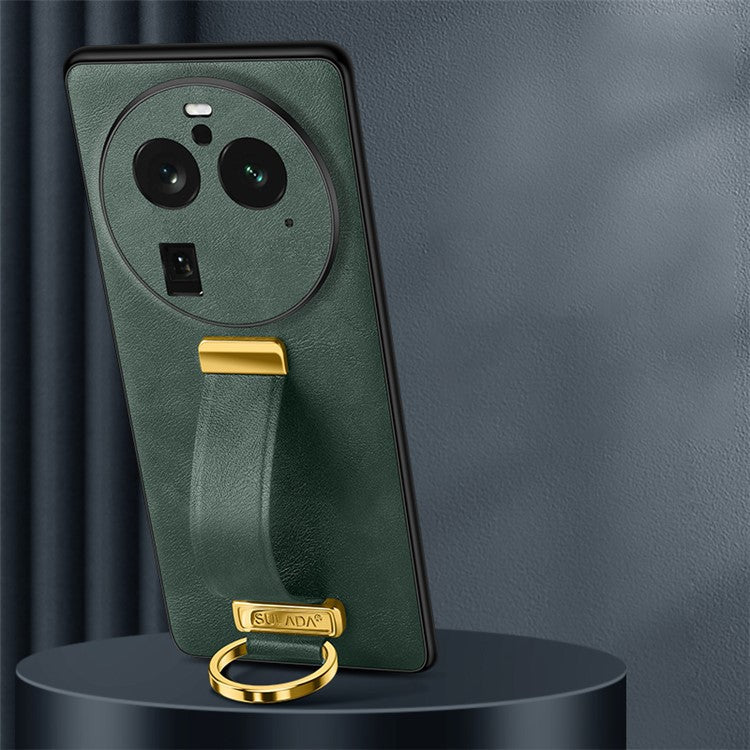 SULADA Fashion Series for Oppo Find X6 Pro Leather Coated PC + TPU Anti-drop Cover Hand Strap Kickstand Crazy Horse Texture Phone Case - Green