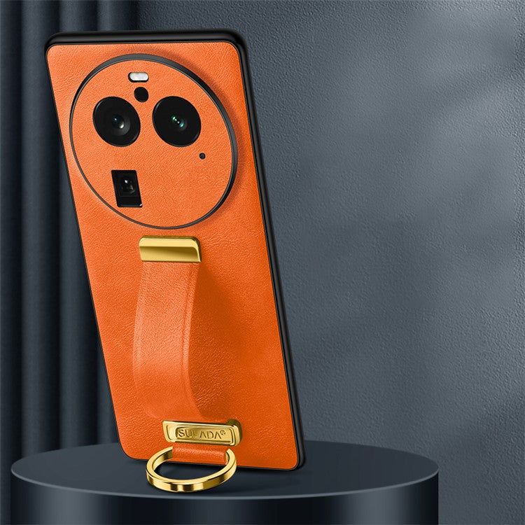 SULADA Fashion Series for Oppo Find X6 Pro Leather Coated PC + TPU Anti-drop Cover Hand Strap Kickstand Crazy Horse Texture Phone Case - Orange