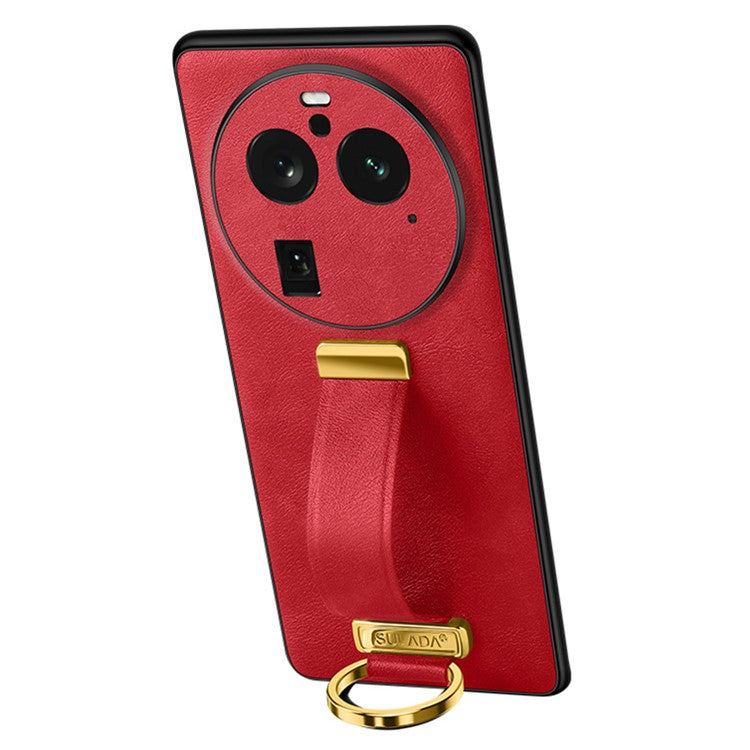 SULADA Fashion Series for Oppo Find X6 Pro Leather Coated PC + TPU Anti-drop Cover Hand Strap Kickstand Crazy Horse Texture Phone Case - Red