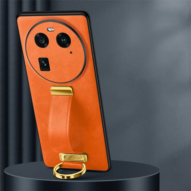 SULADA Fashion Series for Oppo Find X6 Crazy Horse Texture Leather Coated Back Cover PC + TPU Phone Case with Retractable Strap Kickstand - Orange