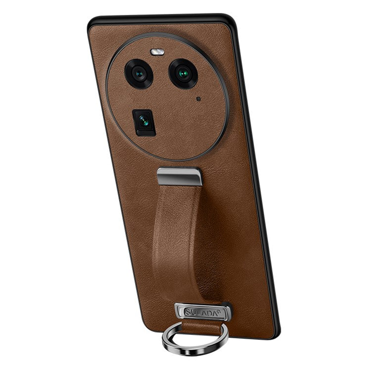 SULADA Fashion Series for Oppo Find X6 Crazy Horse Texture Leather Coated Back Cover PC + TPU Phone Case with Retractable Strap Kickstand - Brown