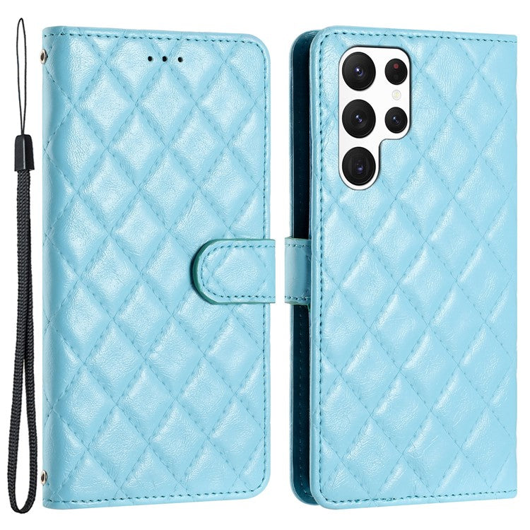 For Samsung Galaxy S22 Ultra 5G Cell Phone Case Stitching Line Rhombus PU Leather+TPU Wallet Stand Phone Cover - Sky Blue