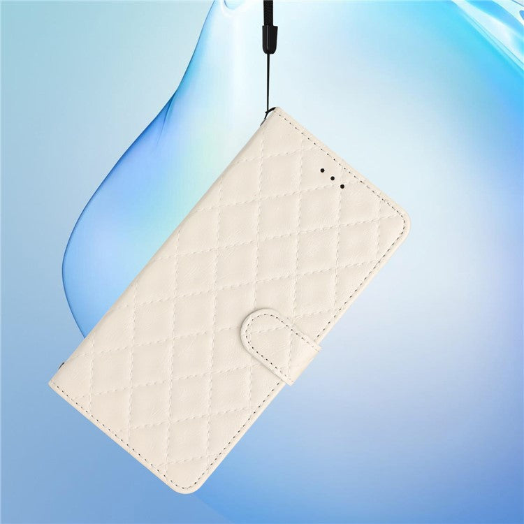 For Samsung Galaxy A52 4G / A52s 5G / A52 5G Stitching Line Rhombus Cell Phone Cover PU Leather Wallet Shell Stand Phone Case - White