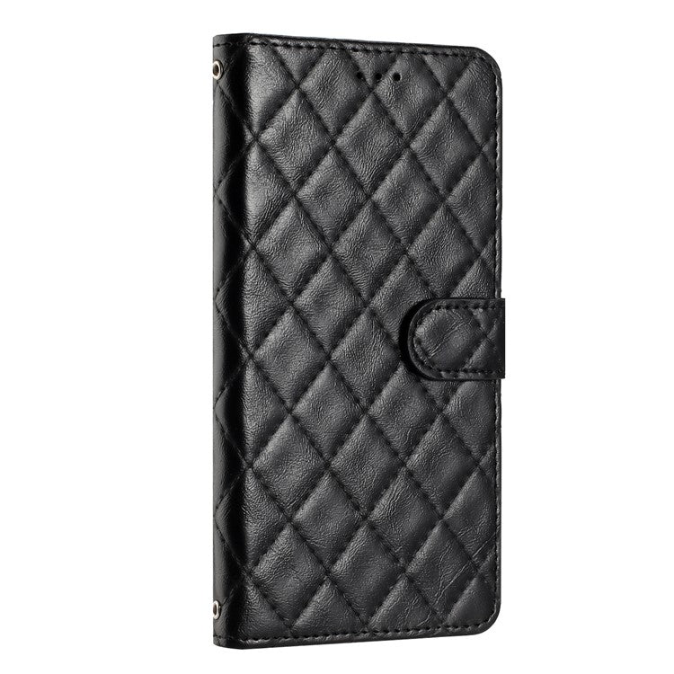 Leather Case for Samsung Galaxy M53 5G Stitching Line Rhombus Wallet Stand Phone Cover with Strap - Black