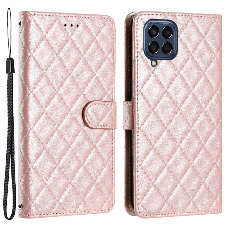 Leather Case for Samsung Galaxy M53 5G Stitching Line Rhombus Wallet Stand Phone Cover with Strap - Rose Gold