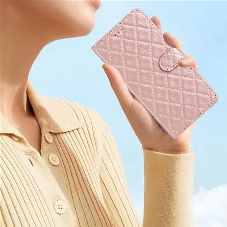 Leather Case for Samsung Galaxy M53 5G Stitching Line Rhombus Wallet Stand Phone Cover with Strap - Rose Gold