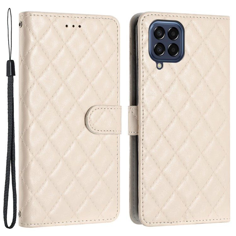 Leather Case for Samsung Galaxy M53 5G Stitching Line Rhombus Wallet Stand Phone Cover with Strap - White