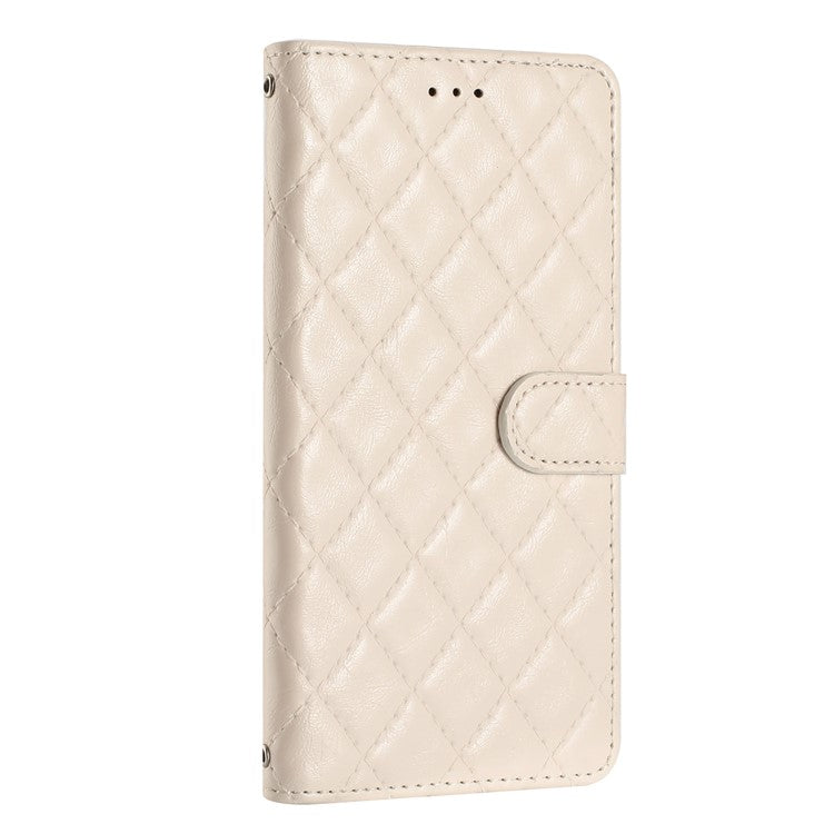 Leather Case for Samsung Galaxy M53 5G Stitching Line Rhombus Wallet Stand Phone Cover with Strap - White