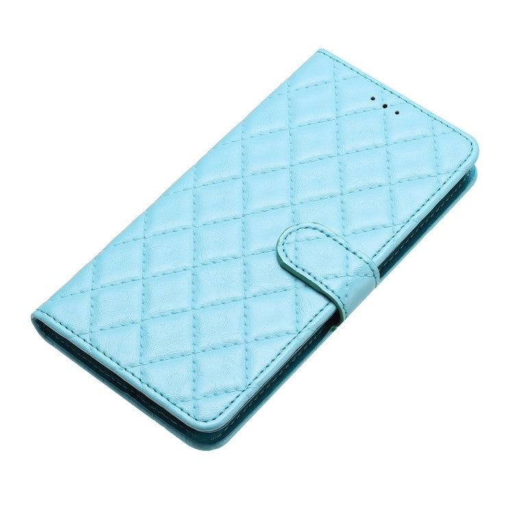 Leather Case for Samsung Galaxy M53 5G Stitching Line Rhombus Wallet Stand Phone Cover with Strap - Sky Blue