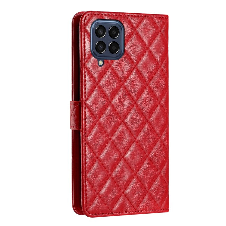 Leather Case for Samsung Galaxy M33 5G (Global Version) Stitching Line Rhombus Wallet Stand Phone Cover - Red