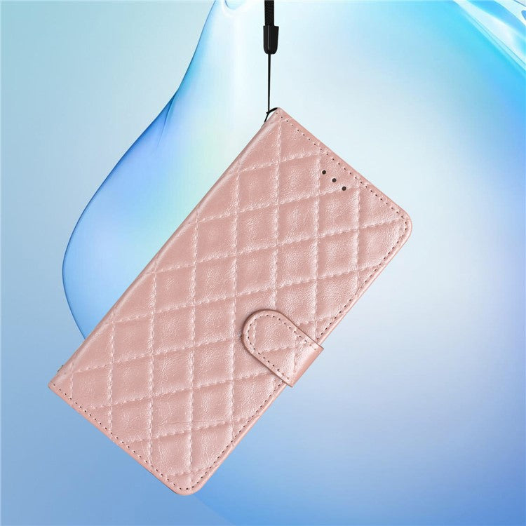 Leather Case for Samsung Galaxy M33 5G (Global Version) Stitching Line Rhombus Wallet Stand Phone Cover - Rose Gold
