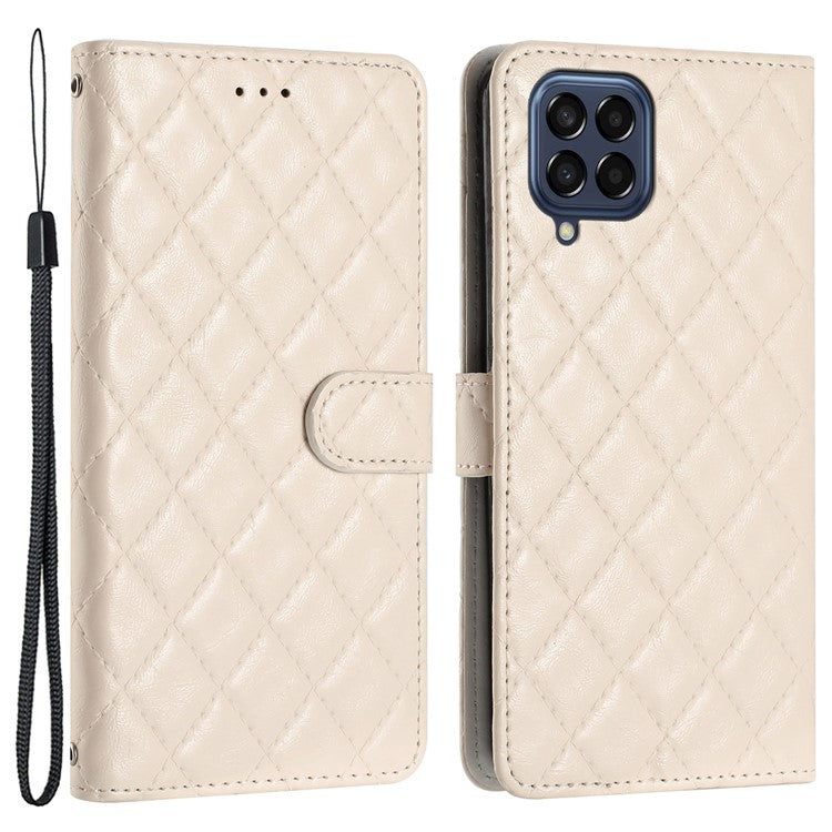 Leather Case for Samsung Galaxy M33 5G (Global Version) Stitching Line Rhombus Wallet Stand Phone Cover - White