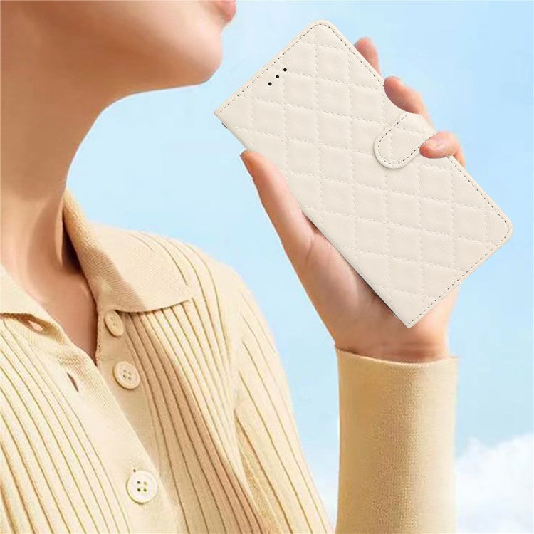 Leather Case for Samsung Galaxy M33 5G (Global Version) Stitching Line Rhombus Wallet Stand Phone Cover - White