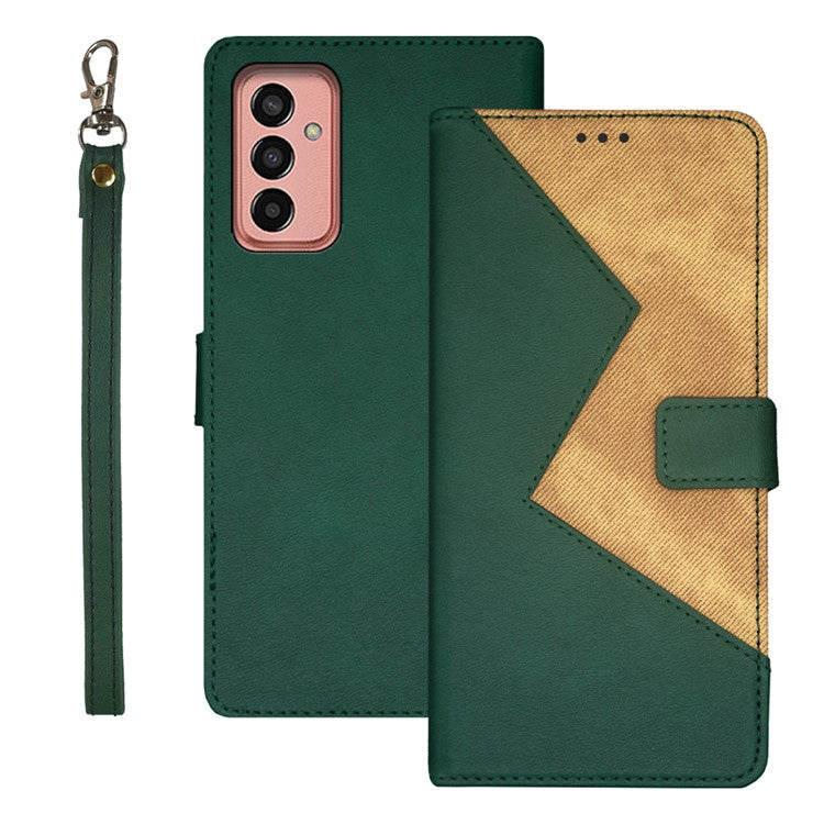 IDEWEI For Samsung Galaxy M13 4G Flip Phone Cover Splicing Style PU Leather Stand Case with Card Slots - Green