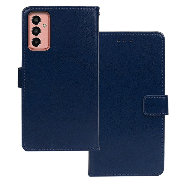IDEWEI Phone Shell for Samsung Galaxy M13 4G PU Leather Stand Case Crazy Horse Texture Wallet Cover - Blue