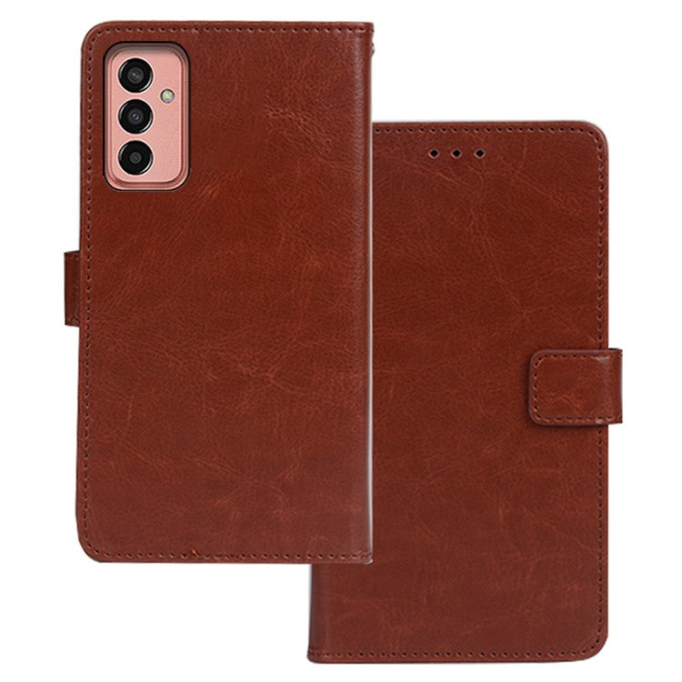 IDEWEI Phone Shell for Samsung Galaxy M13 4G PU Leather Stand Case Crazy Horse Texture Wallet Cover - Brown