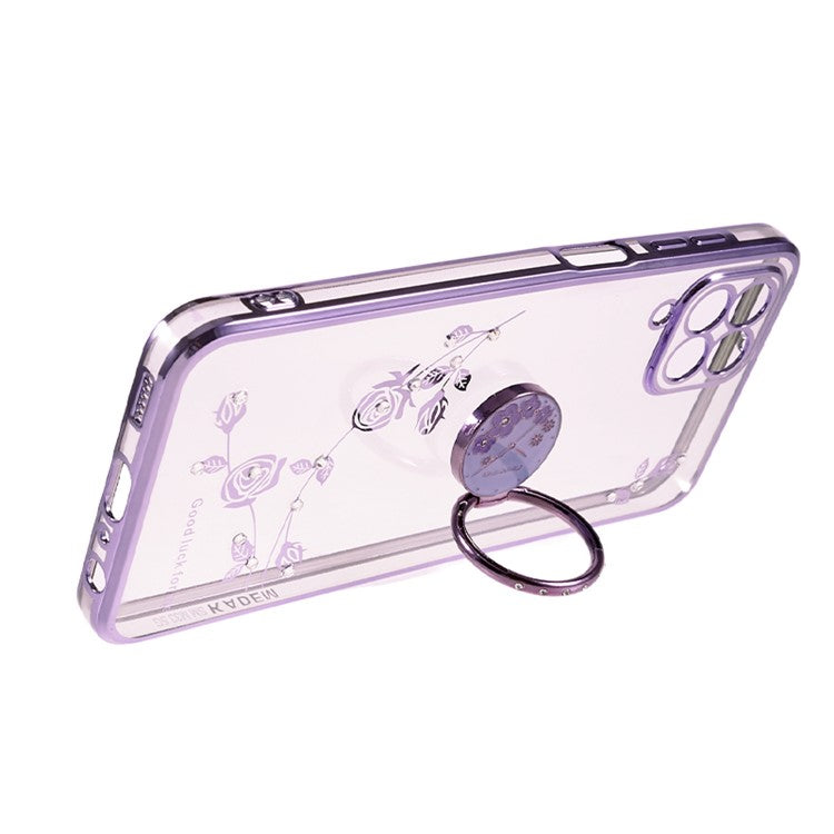 KADEM For Samsung Galaxy A42 5G Flower Pattern TPU Phone Case Electroplating Rhinestone Ring Kickstand Cover - Purple
