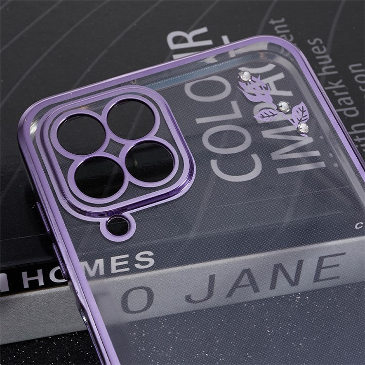 KADEM For Samsung Galaxy A42 5G Flower Pattern TPU Phone Case Electroplating Rhinestone Ring Kickstand Cover - Purple