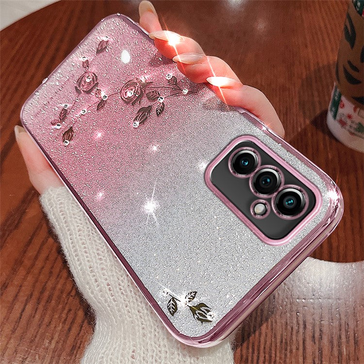KADEM For Samsung Galaxy M52 5G Rhinestone Flower Design Phone Case Gradient Glitter TPU Anti-scratch Cover - Rose Gold