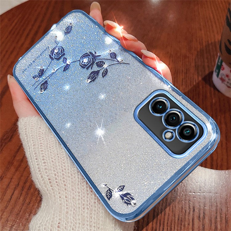 KADEM For Samsung Galaxy M52 5G Rhinestone Flower Design Phone Case Gradient Glitter TPU Anti-scratch Cover - Blue
