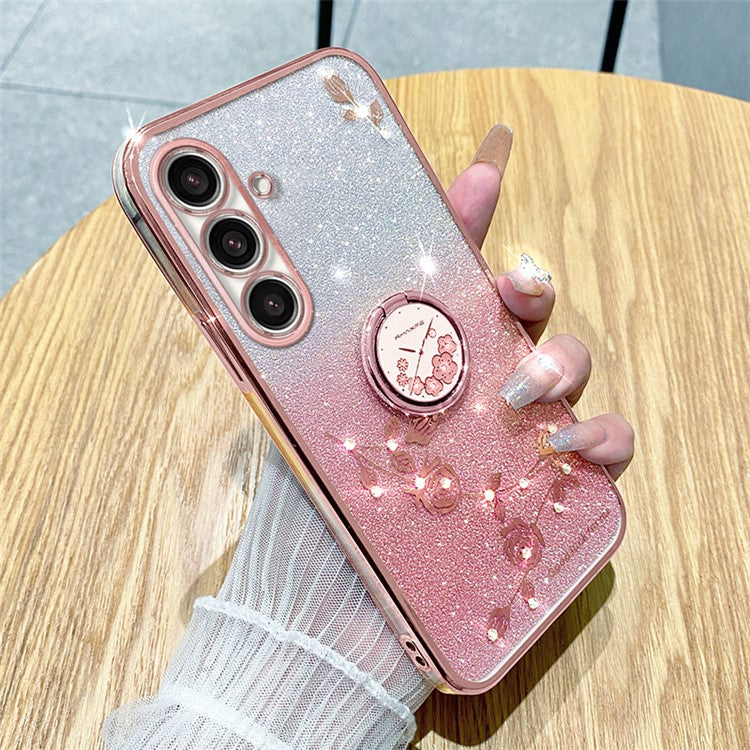 KADEM For Samsung Galaxy M52 5G Flower Pattern Back Cover Ring Kickstand Glitter Gradient TPU Phone Case - Rose Gold