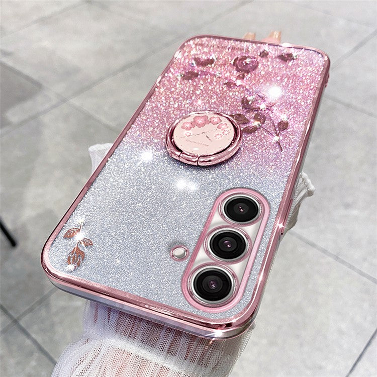 KADEM For Samsung Galaxy M52 5G Flower Pattern Back Cover Ring Kickstand Glitter Gradient TPU Phone Case - Rose Gold