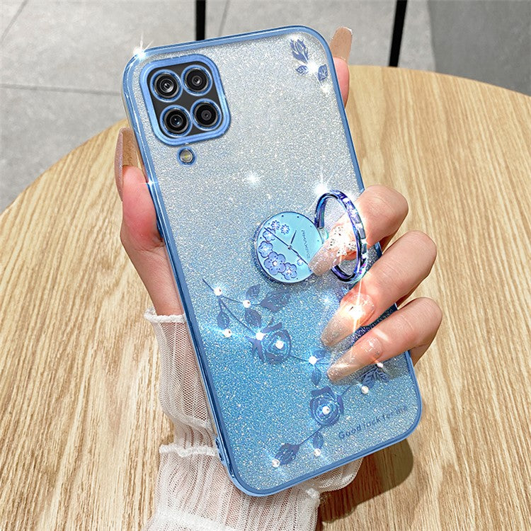 KADEM For Samsung Galaxy A12 Gradient Glitter Soft TPU Cover Flower Pattern Phone Case with Ring Kickstand - Rose Gold