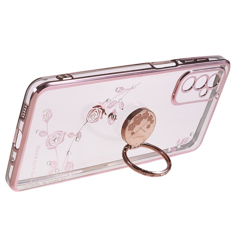 KADEM For Samsung Galaxy M52 5G Clear TPU Phone Case Electroplated Rhinestone Flower Cover with Ring Kickstand - Rose Gold