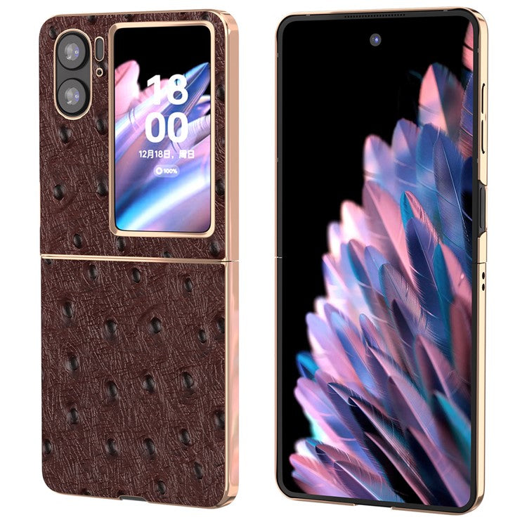 Nano Electroplating Phone Cover for Oppo Find N2 Flip 5G Genuine Cow Leather+PC+TPU Phone Case - Coffee