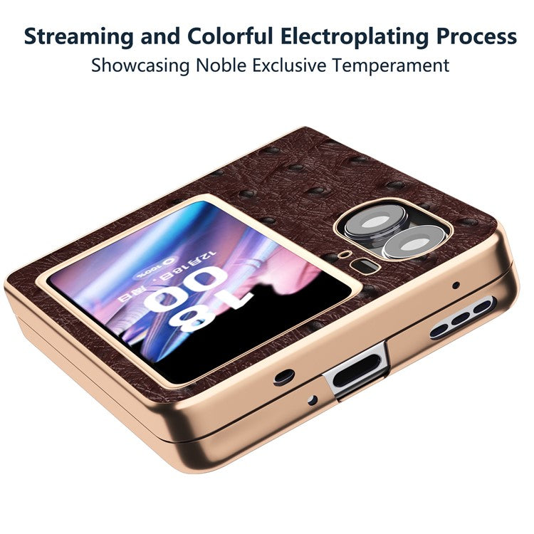 Nano Electroplating Phone Cover for Oppo Find N2 Flip 5G Genuine Cow Leather+PC+TPU Phone Case - Coffee