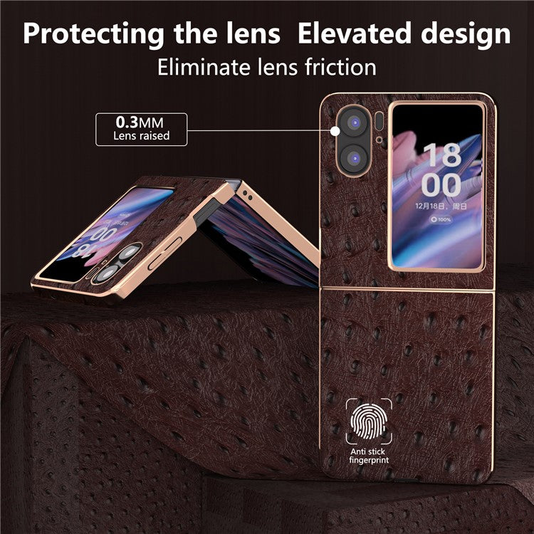 Nano Electroplating Phone Cover for Oppo Find N2 Flip 5G Genuine Cow Leather+PC+TPU Phone Case - Coffee