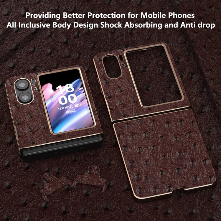 Nano Electroplating Phone Cover for Oppo Find N2 Flip 5G Genuine Cow Leather+PC+TPU Phone Case - Coffee