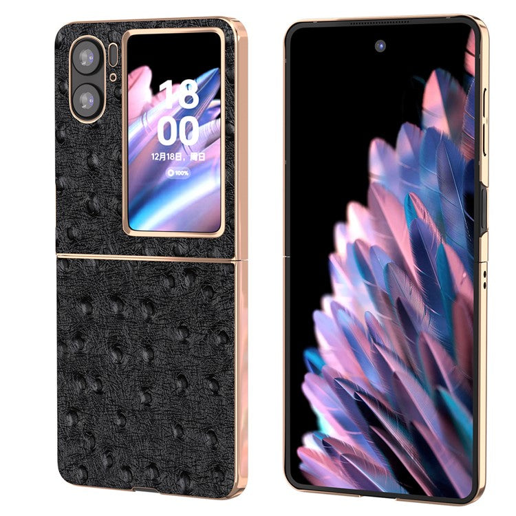 Nano Electroplating Phone Cover for Oppo Find N2 Flip 5G Genuine Cow Leather+PC+TPU Phone Case - Black