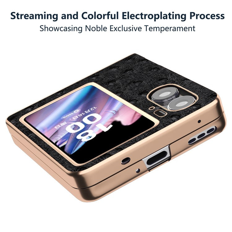Nano Electroplating Phone Cover for Oppo Find N2 Flip 5G Genuine Cow Leather+PC+TPU Phone Case - Black