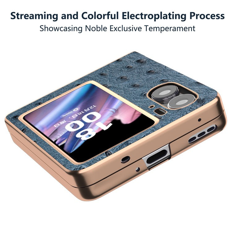Nano Electroplating Phone Cover for Oppo Find N2 Flip 5G Genuine Cow Leather+PC+TPU Phone Case - Blue