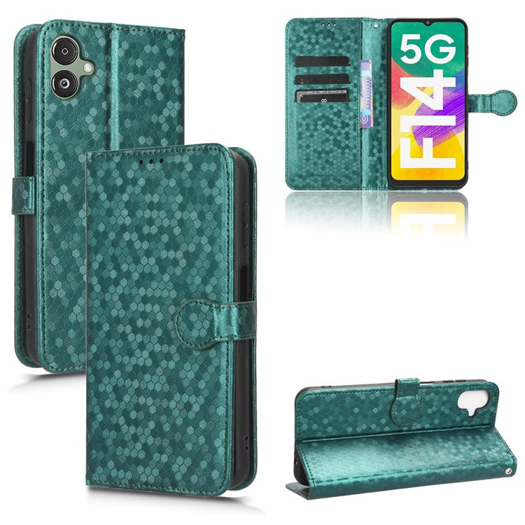 For Samsung Galaxy F14 5G Stand Wallet Phone Case PU Leather Dot Pattern Imprinted Smartphone Cover - Green