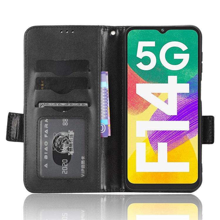 For Samsung Galaxy F14 5G Stand Wallet PU Leather Phone Case Imprinted Triangle Phone Cover - Black