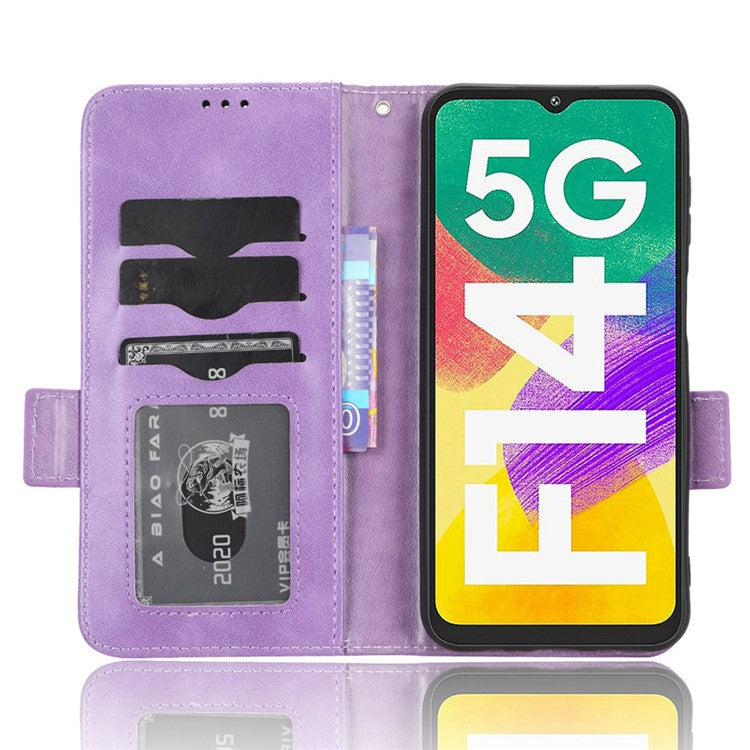 For Samsung Galaxy F14 5G Stand Wallet PU Leather Phone Case Imprinted Triangle Phone Cover - Purple
