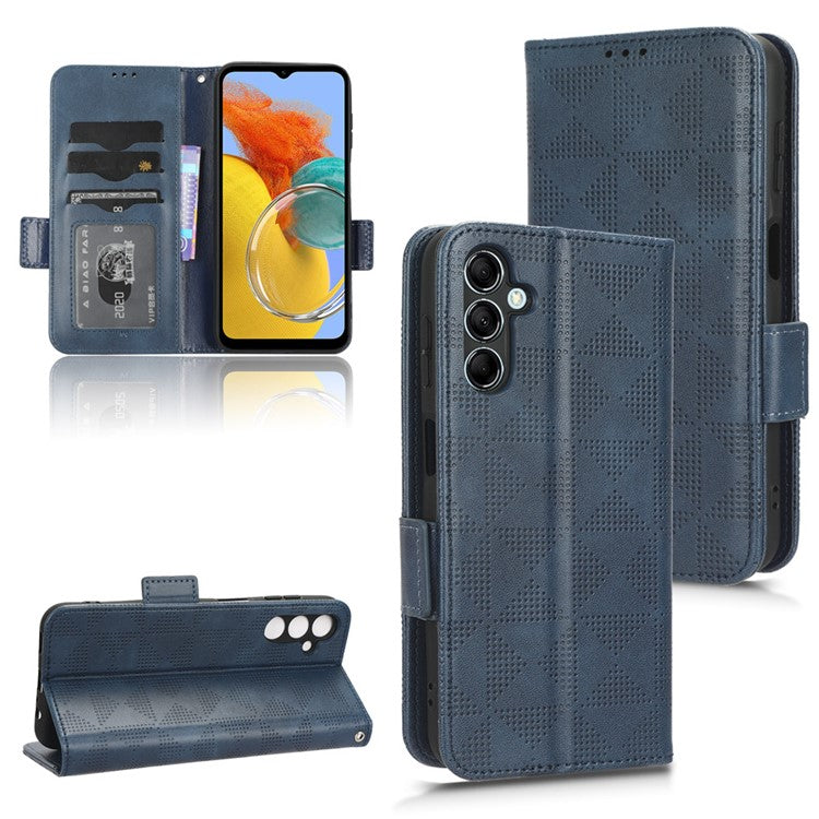 For Samsung Galaxy M14 5G PU Leather Phone Wallet Case Imprinted Triangle Stand Phone Cover - Blue