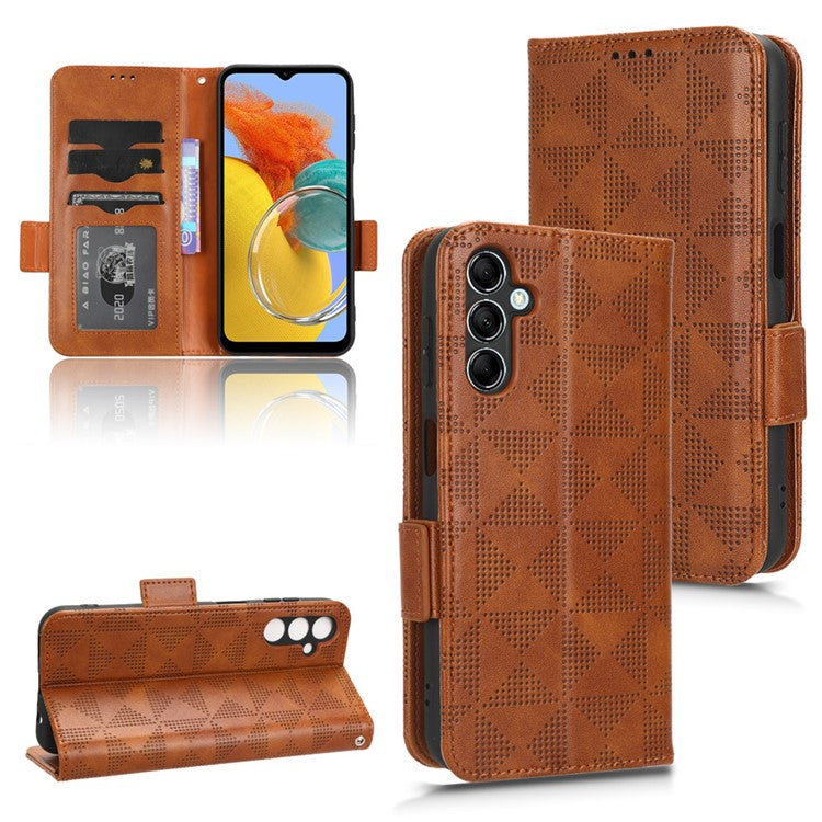 For Samsung Galaxy M14 5G PU Leather Phone Wallet Case Imprinted Triangle Stand Phone Cover - Brown